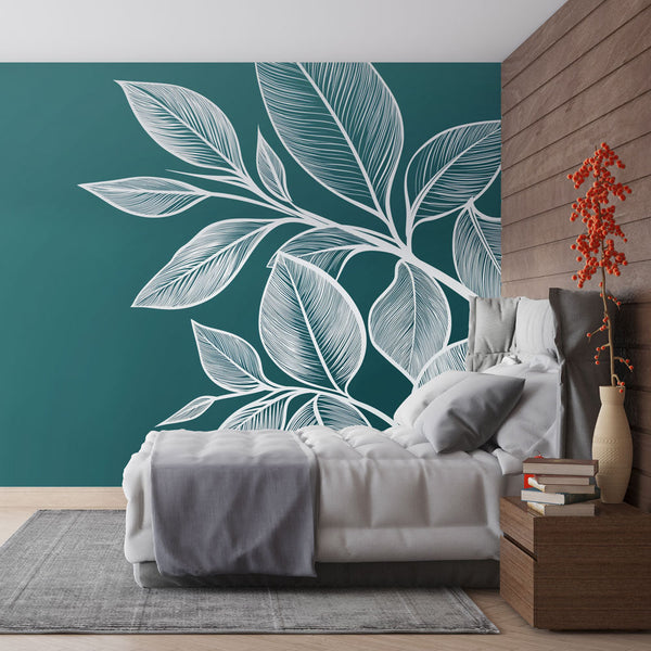 Teal Foliage Wallpaper | Delicate White Leaf Wall Mural