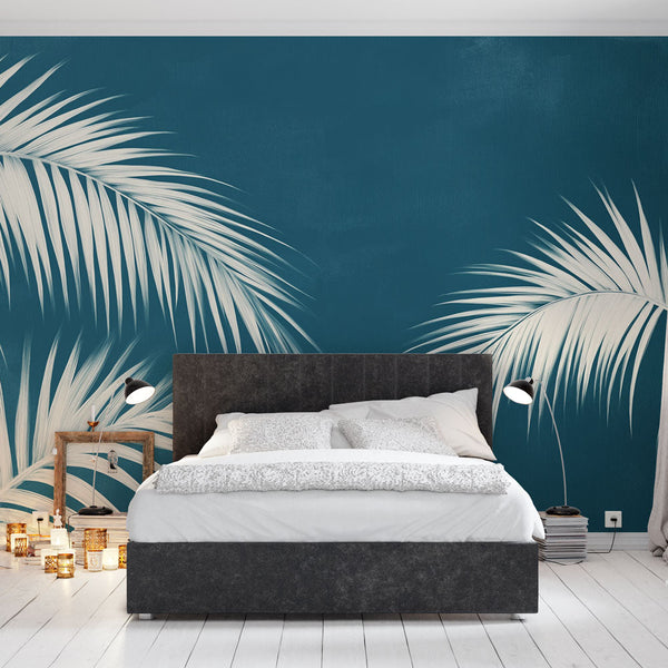 Teal Foliage Wallpaper | White Leaves on Teal Wall Mural