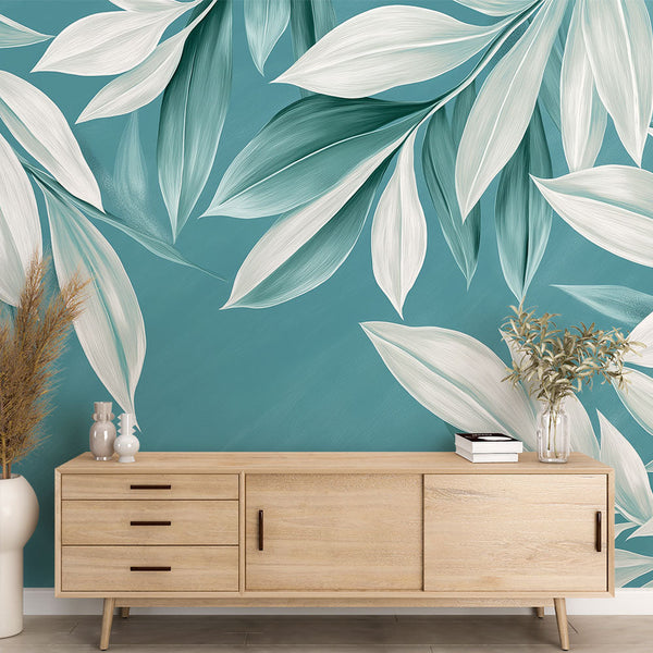 Teal Leaves Wallpaper | Sophisticated Blue Background Mural