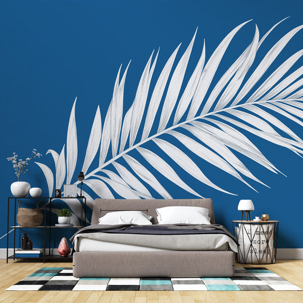 Teal Leaf Wallpaper | Tropical Elegance White Contrast Mural