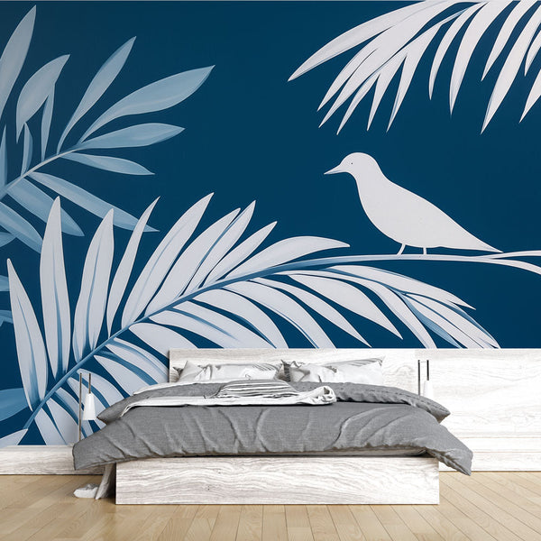 Teal Foliage & Birds Wallpaper | Tropical Minimalist Mural