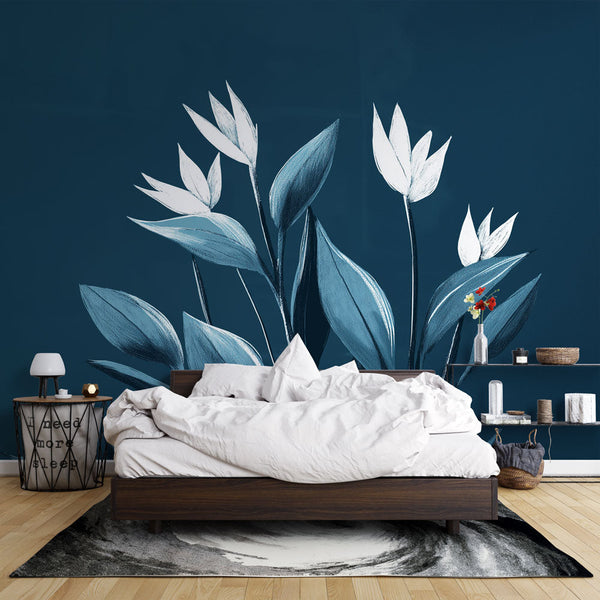 Teal Wallpaper | Elegant Stylized Flowers Deep Blue Mural