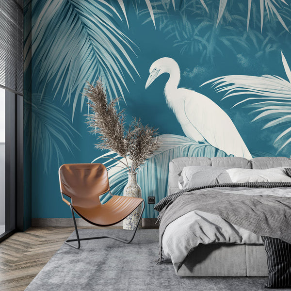 Teal White Bird Wallpaper | Tropical Palm Wall Mural