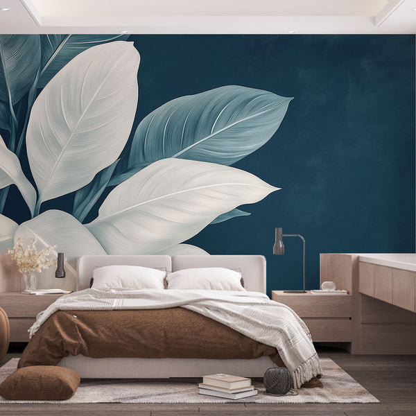 Teal Wallpaper | Delicate Foliage Dark Background Mural