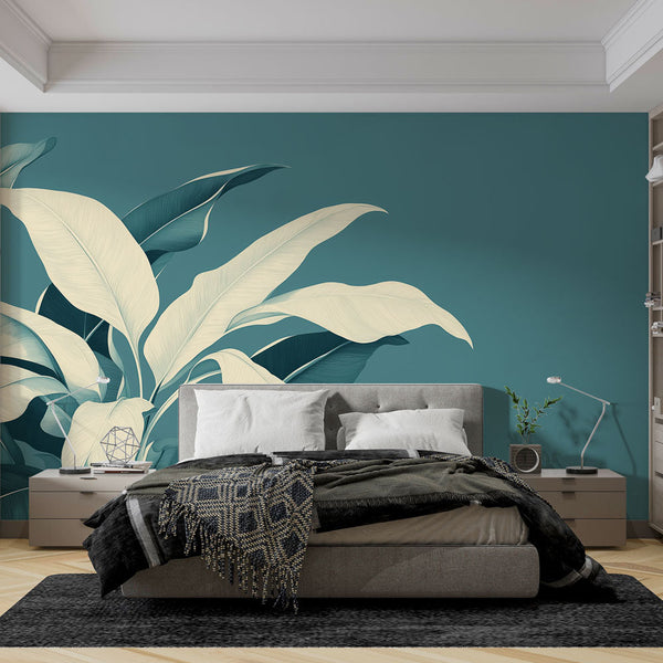 Teal Elegant Foliage Wallpaper | Soft Tropical Mural