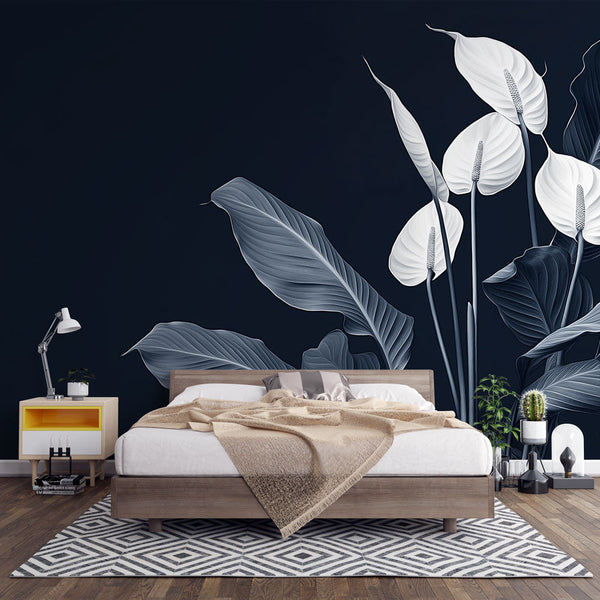 Teal Wallpaper | Elegant Foliage Dark Background Mural