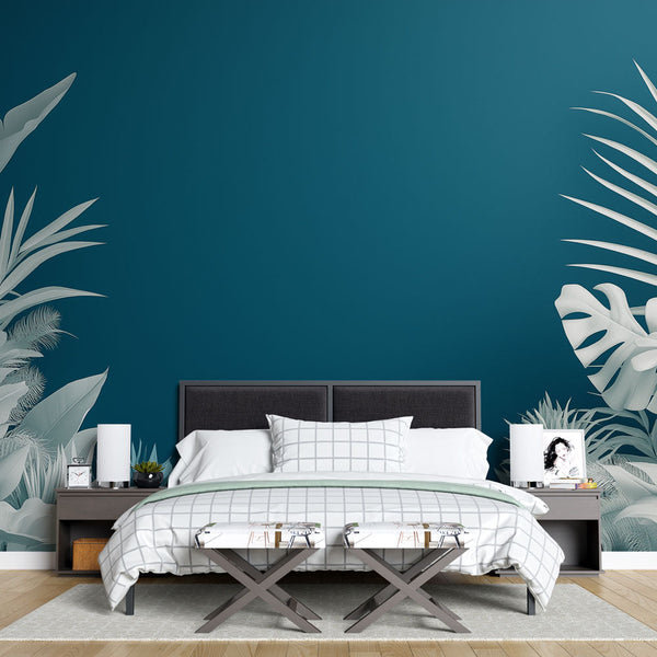 Teal Wallpaper | Tropical Foliage Relief Wall Mural
