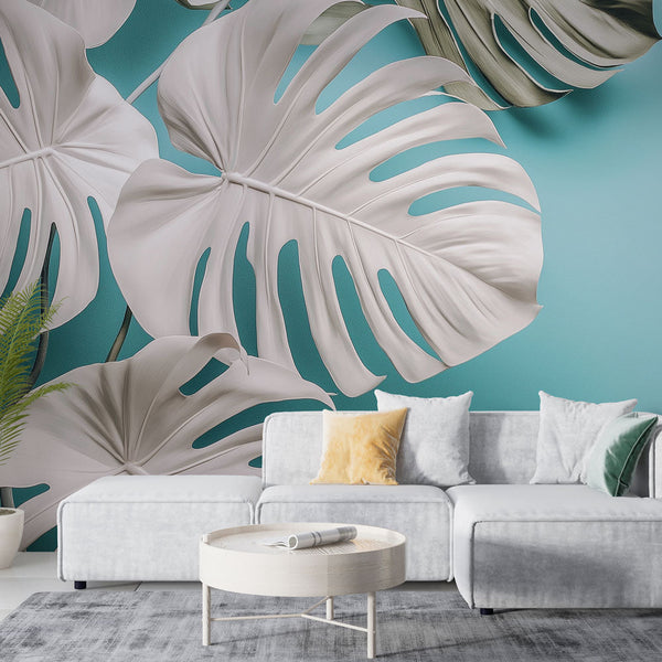 Teal Monstera Leaf Wallpaper | White on Turquoise Mural