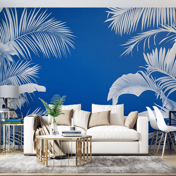 Teal Wallpaper | White Tropical Leaves Deep Blue