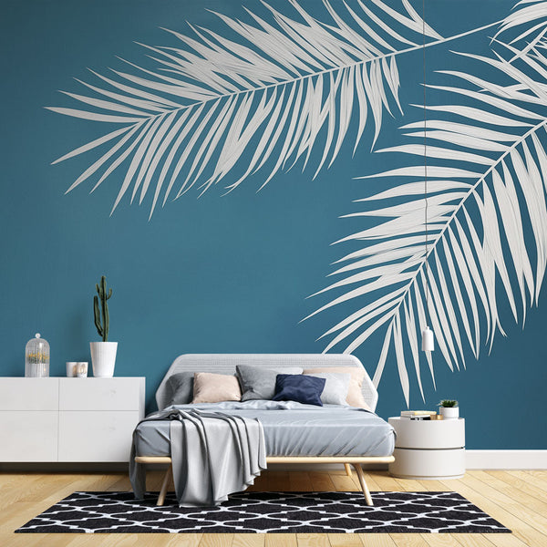 Teal Wallpaper | Elegant White Leaves Blue Background Mural
