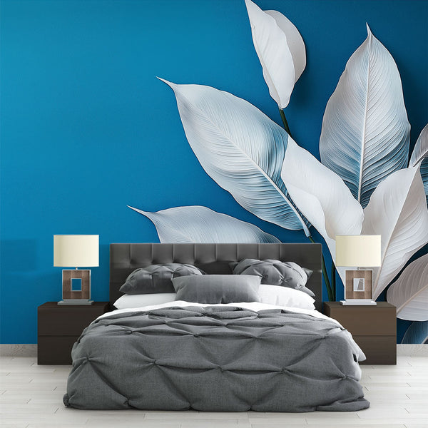 Teal Wallpaper | Stylized White Leaves Wall Mural