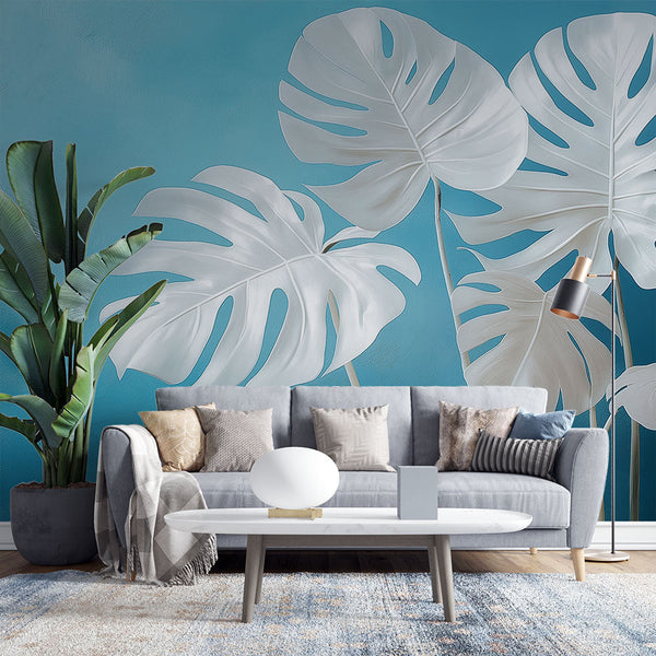 Teal Blue Wallpaper | White Leaves Wall Mural Design