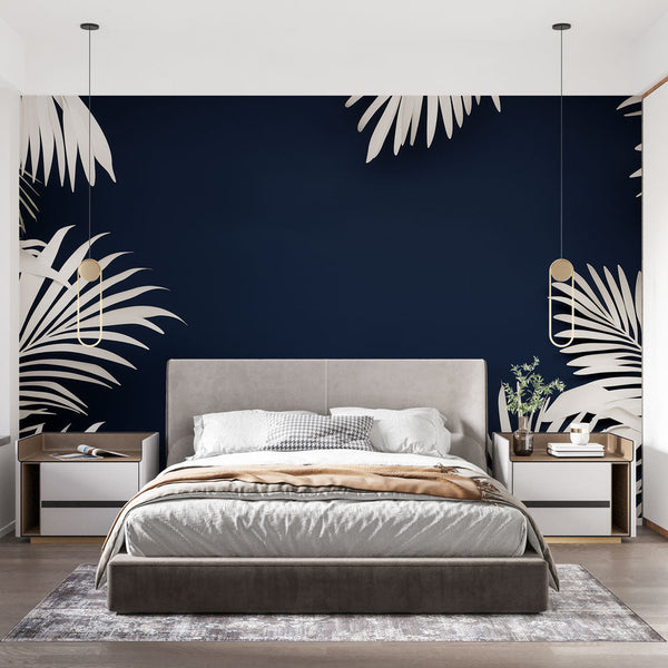 Teal Deep Blue Wallpaper | White Leaf Wall Mural