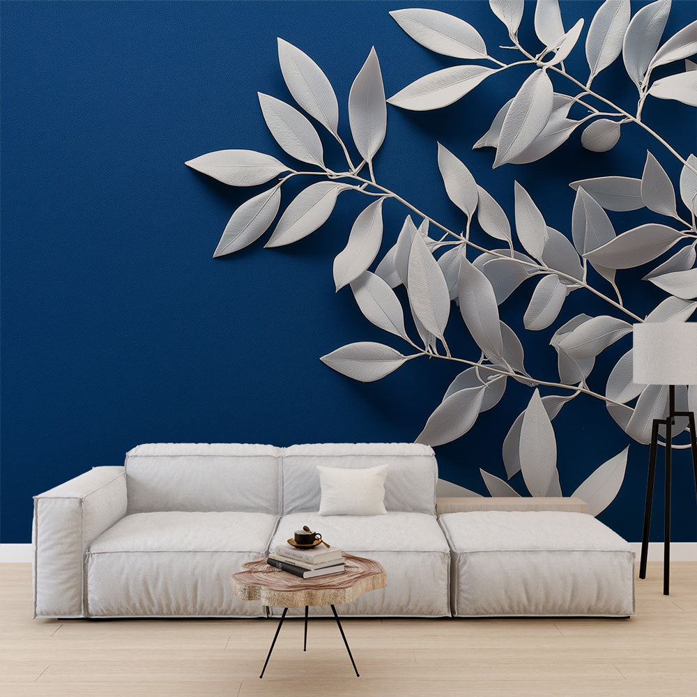 Teal Wallpaper | White Leaves on Blue Mural