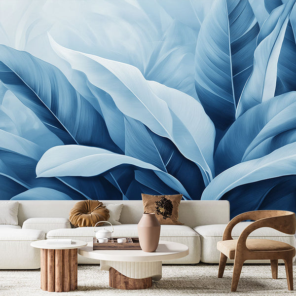 Teal Wallpaper | Stylised Blue Leaves Soothing Mural