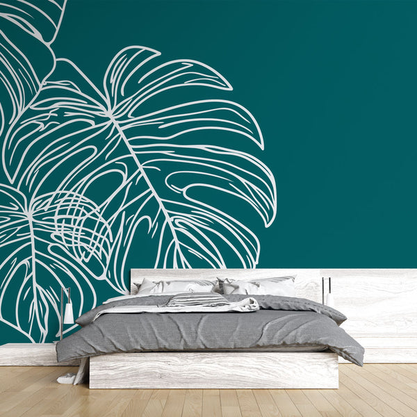 Teal Monstera Outline Wallpaper | Minimalist Wall Mural