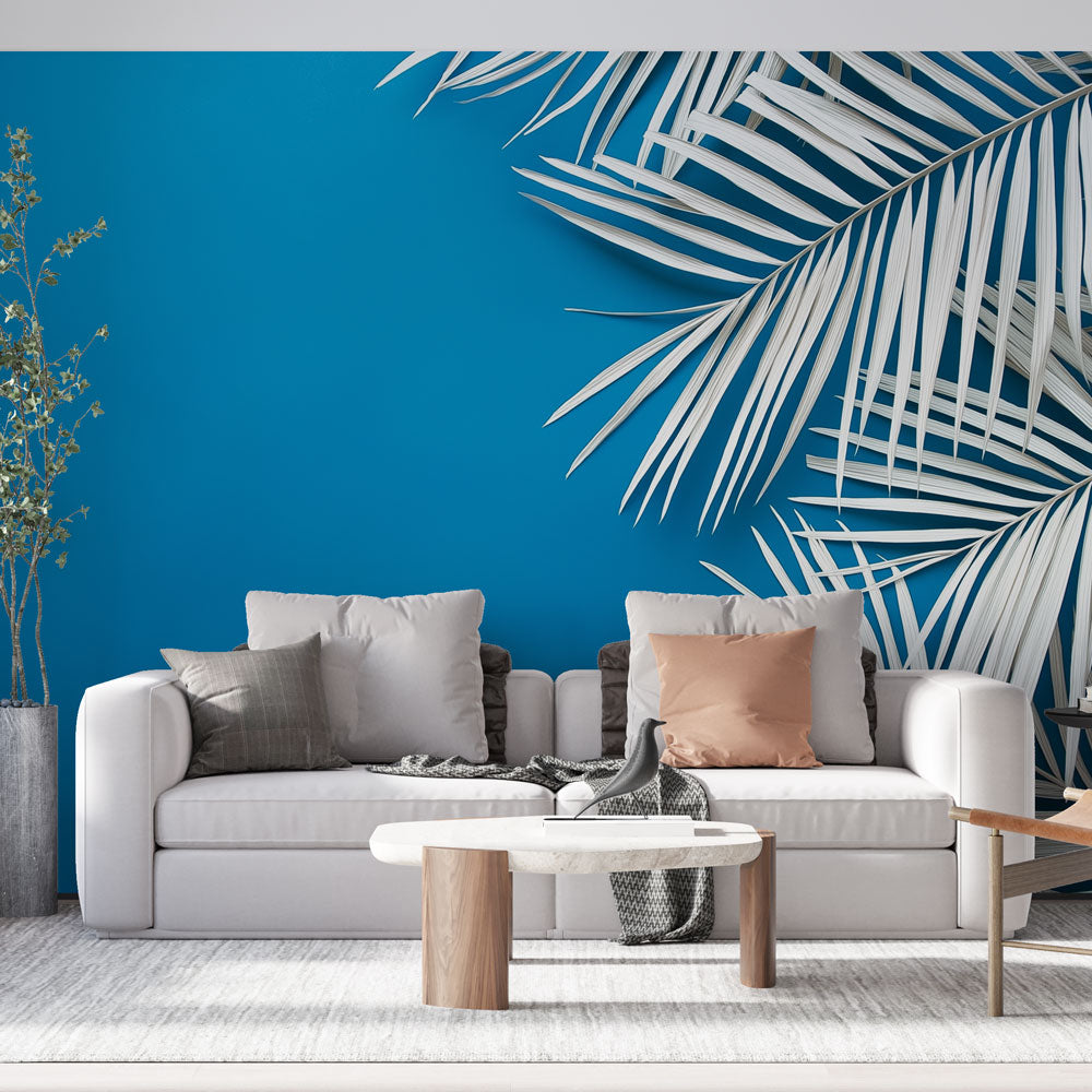 Teal Blue Palm Leaf Wallpaper | White Tropical Mural