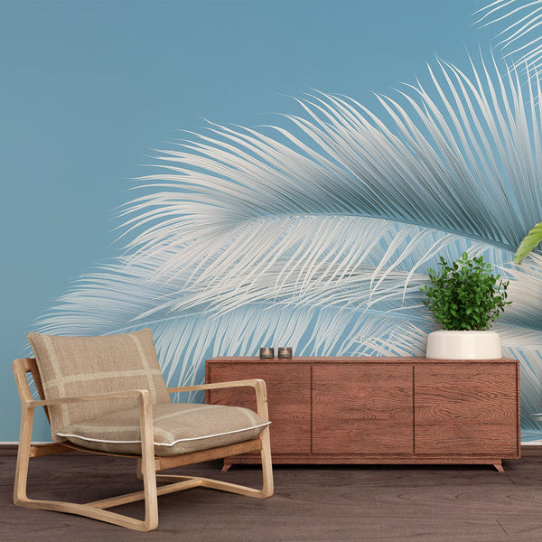 Teal Wallpaper | Elegant Palm Leaves Light Blue Mural