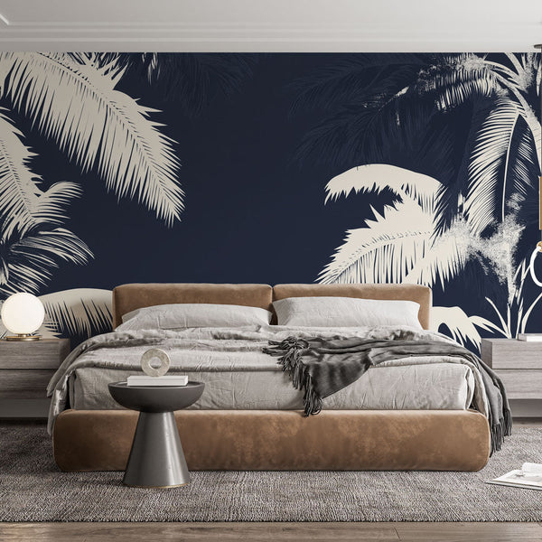 Teal Palm Leaf Wallpaper | Elegant Black Background Mural