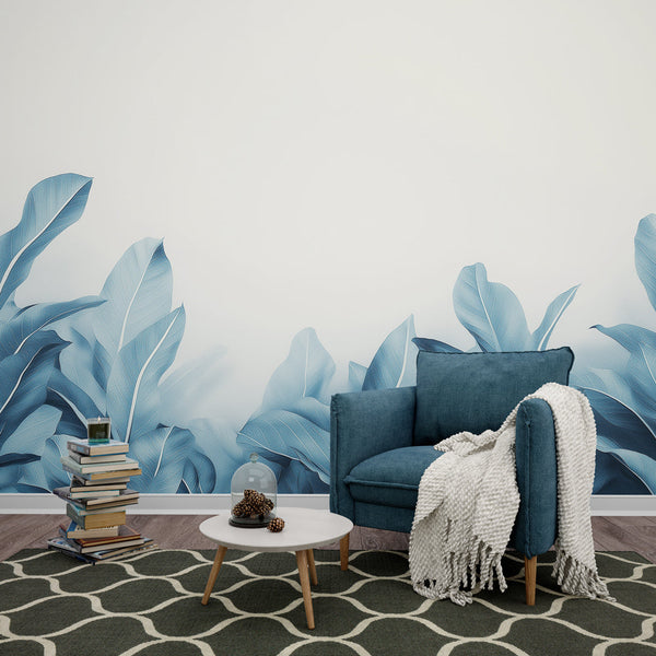 Teal Wallpaper | Delicate Leaves on Light Background Mural