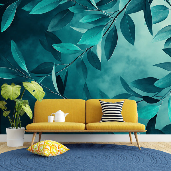 Teal Wallpaper | Delicate Leaves on Textured Mural