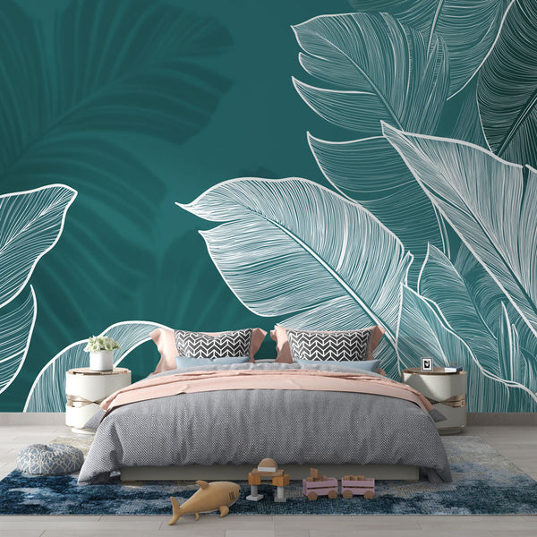 Teal Clean Line Leaf Wallpaper | Modern Wall Mural