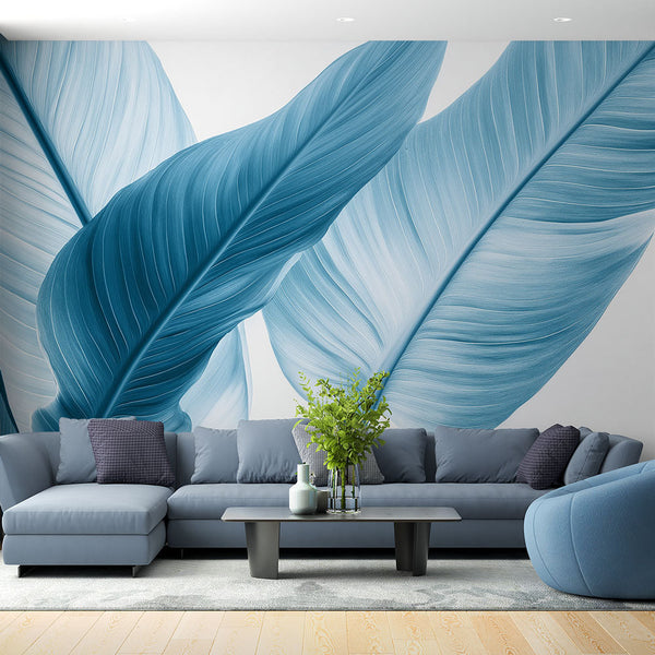 Teal Wallpaper | Elegant Leaves Teal Shades Mural