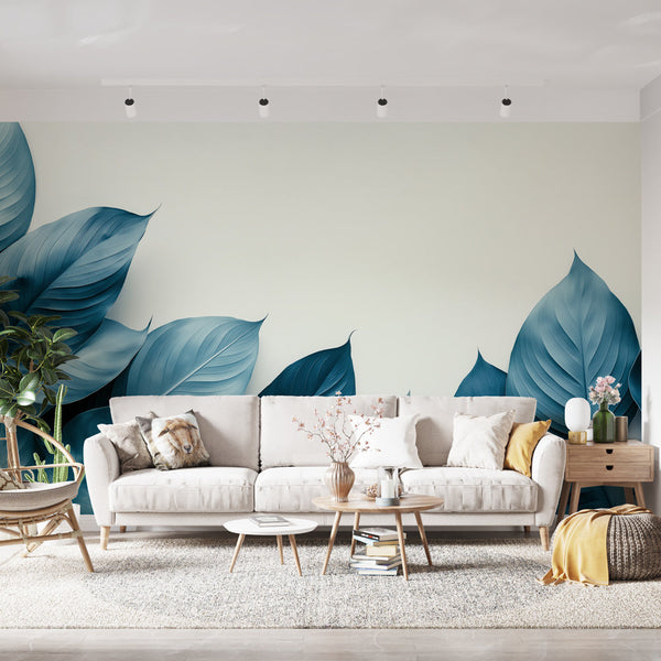 Teal Wallpaper | Gradient Blue Leaves Wall Mural