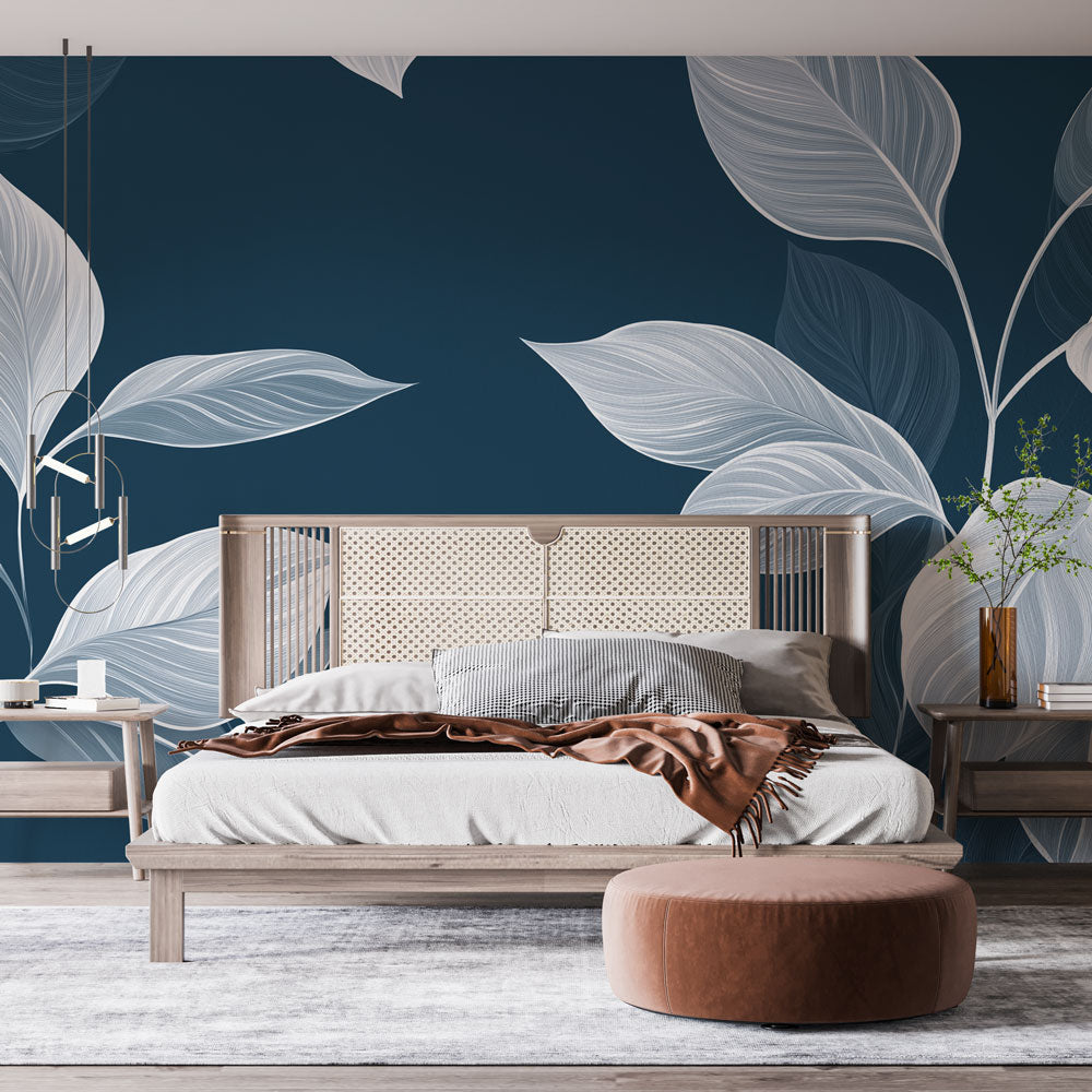 Teal Wallpaper | Elegant Leaves Delicate Lines Mural
