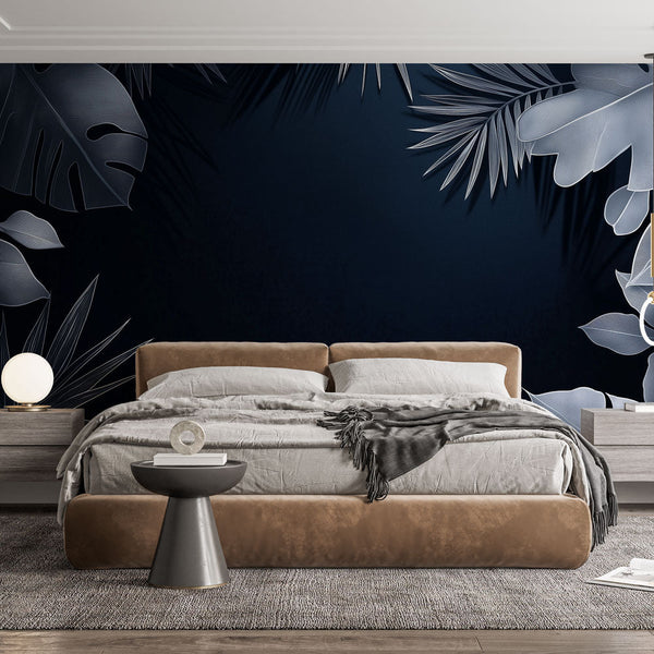 Teal Wallpaper | Elegant Leaves Dark Background Mural