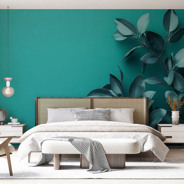 Teal Wallpaper | Elegant Leaves on Solid Mural