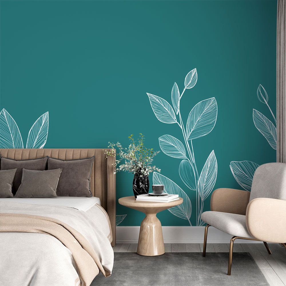 Teal Wallpaper | Finely Drawn Leaves Mural