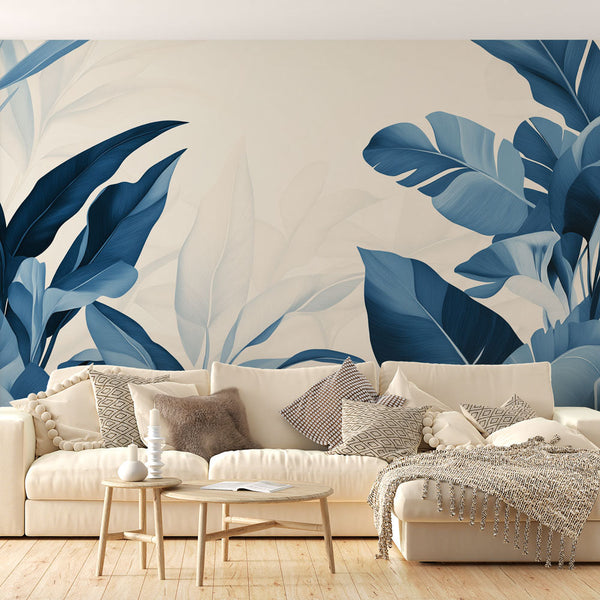 Teal Wallpaper | Illustrated Leaves Blue Gradient Mural