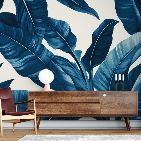 Teal Wallpaper | Modern Leaves in Blue Hues