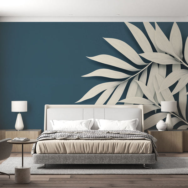 Teal Wallpaper | Stylized Leaves Deep Blue Background Mural