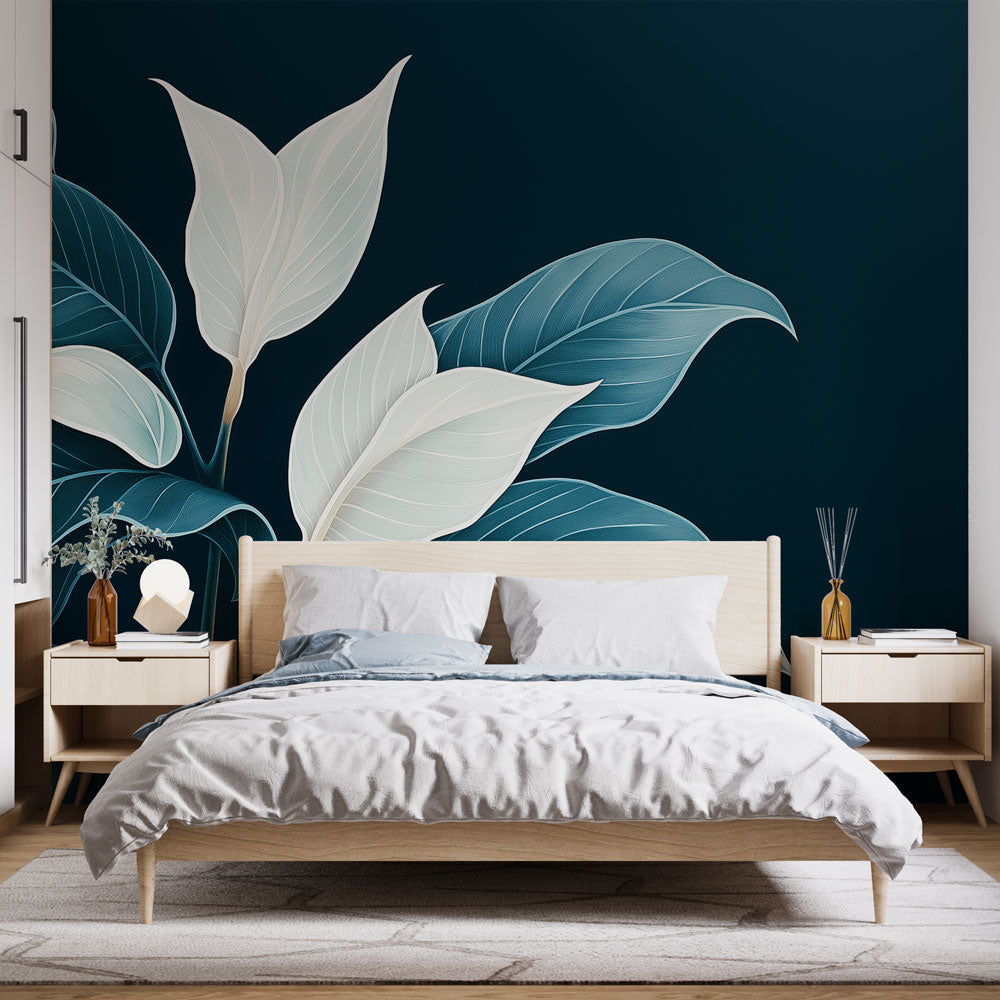 Teal Wallpaper | Stylized Leaves on Deep Background Mural