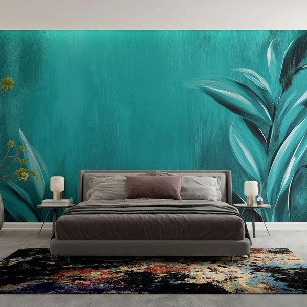 Teal Stylised Leaf Wallpaper | Textured Wall Mural