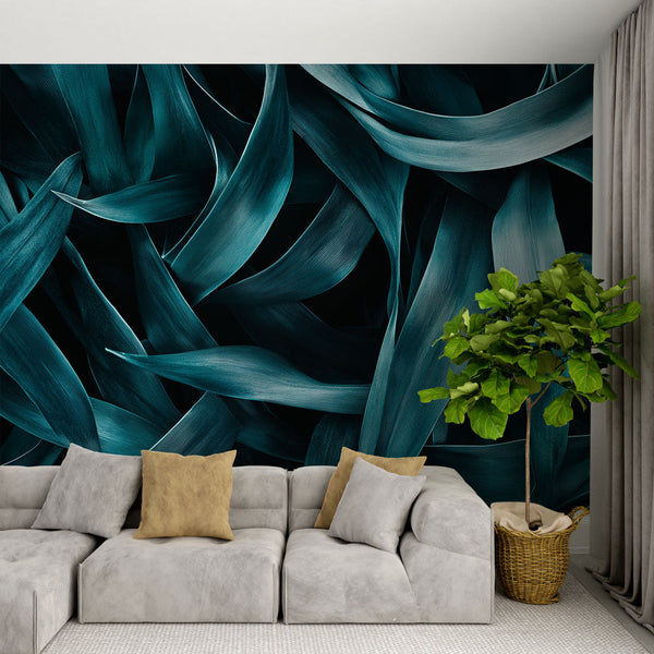 Teal Wallpaper | Textured Leaves Deep Tones Mural