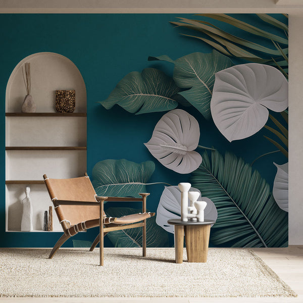 Teal Wallpaper | White & Green Tropical Leaves