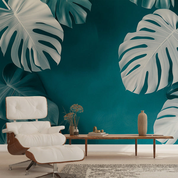 Teal Soothing Tropical Wallpaper | White Leaf Mural