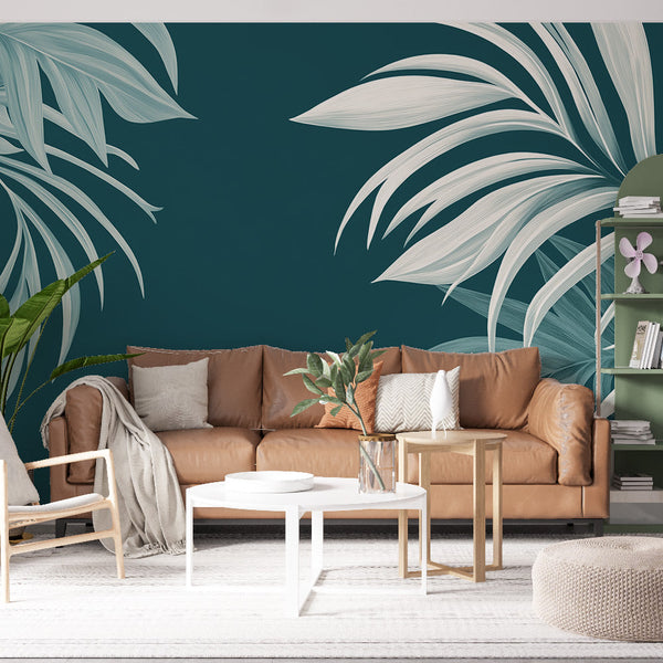 Teal Tropical White Leaf Wallpaper | Wall Mural