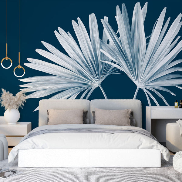 Teal Wallpaper | White Tropical Leaves Dark Blue Mural