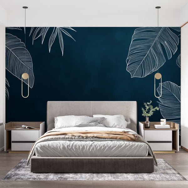 Teal Wallpaper | White Tropical Leaves Deep Blue Mural