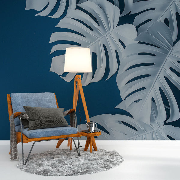 Teal Blue Tropical Wallpaper | White Leaf Wall Mural