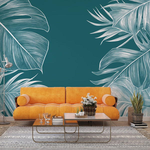 Teal Modern Tropical Wallpaper | White Leaf Wall Mural