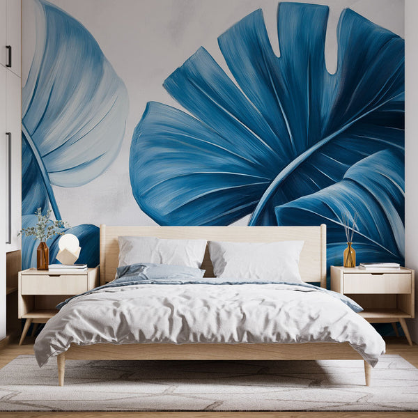 Teal Gradient Tropical Wallpaper | Blue Leaf Mural