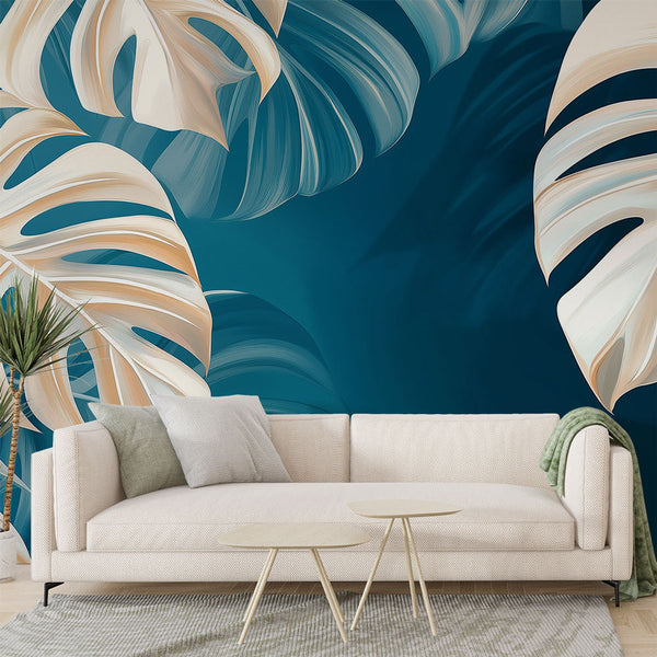 Teal Wallpaper | Tropical Leaves Wall Mural in Blue & Cream