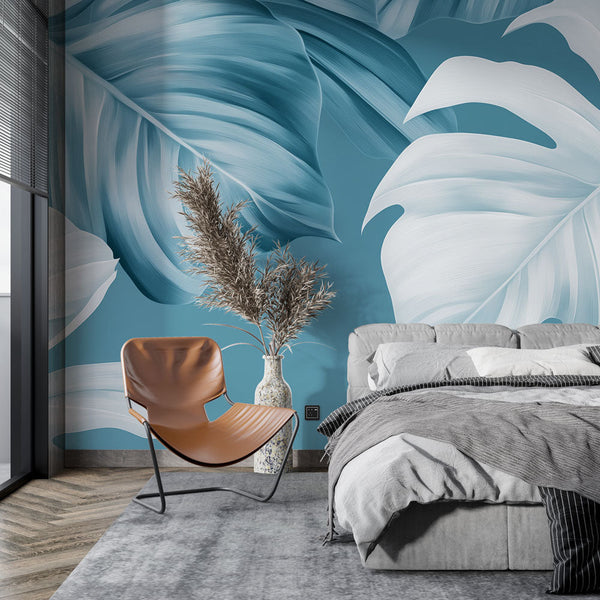 Teal Wallpaper | Tropical Leaves Blue Nuances Mural