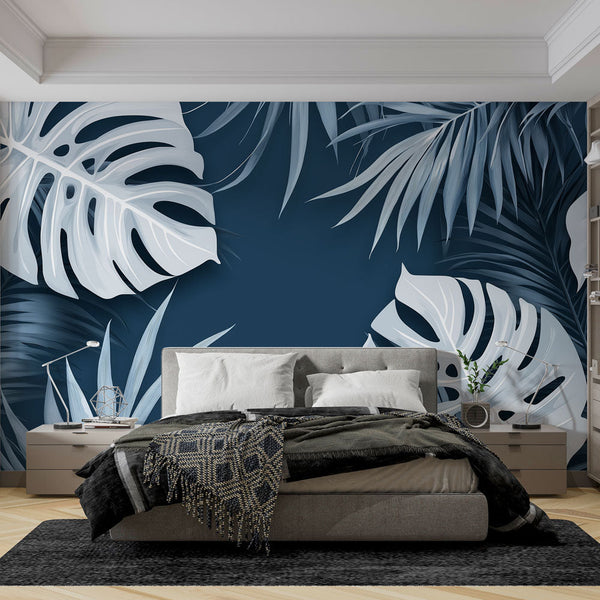 Teal Wallpaper | Elegant Tropical Leaves Deep Blue Mural
