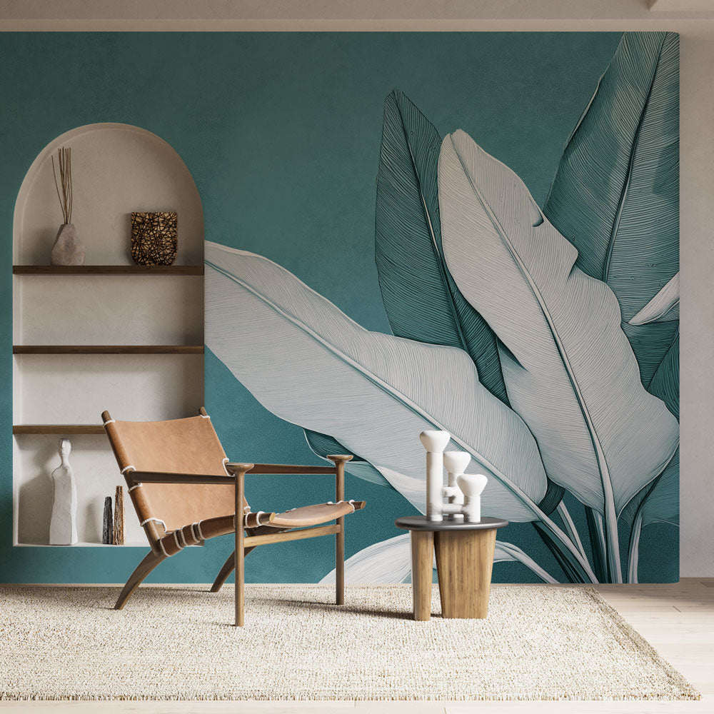 Teal Blue Textured Leaf Wallpaper | Elegant Wall Mural